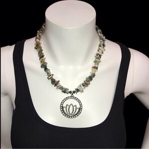 Handmade Coral Jasper Chips Gemstone With Lotus Pendant Necklace